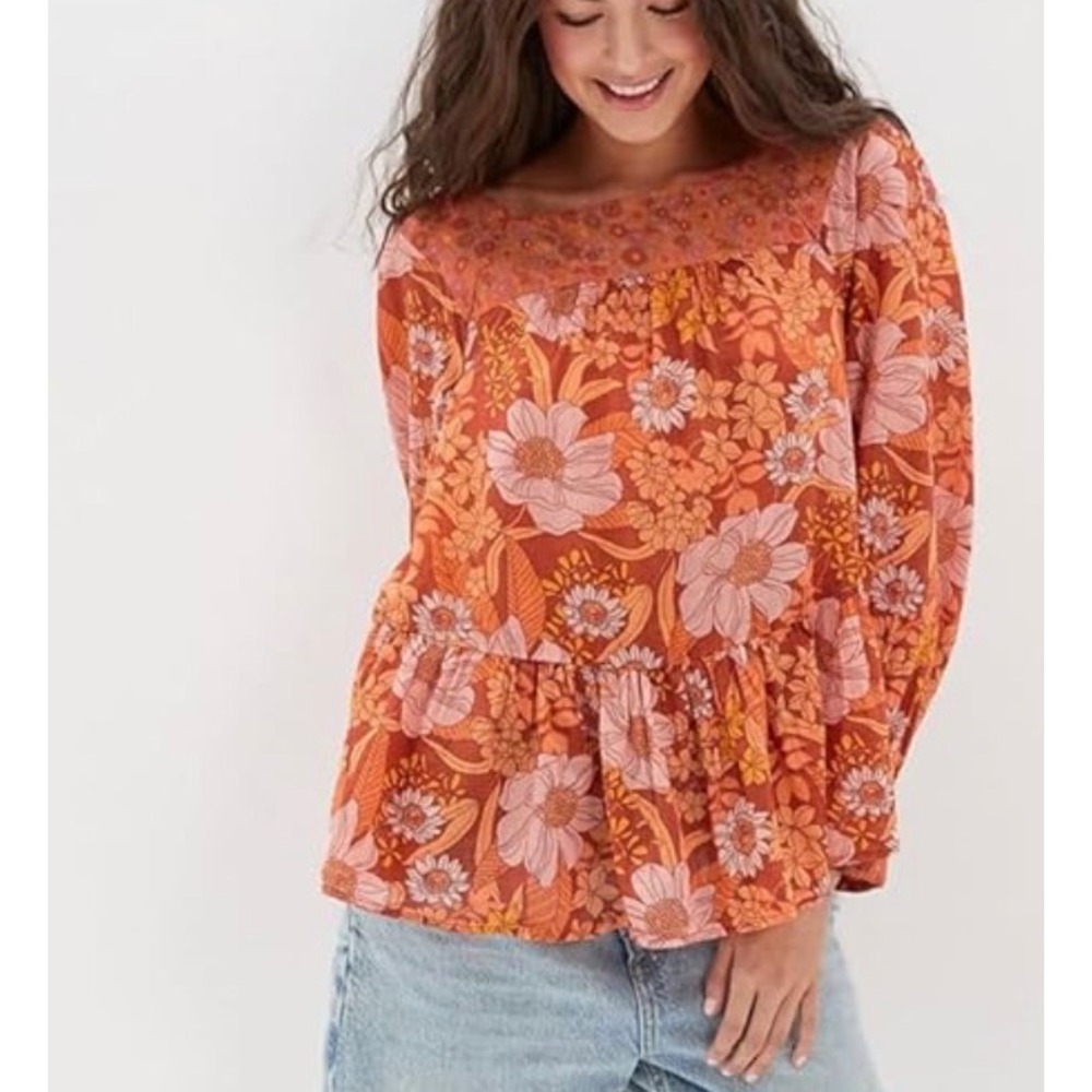 American Eagle Small Orange Floral Long Sleeve Square Neck Peasant Blouse Boho